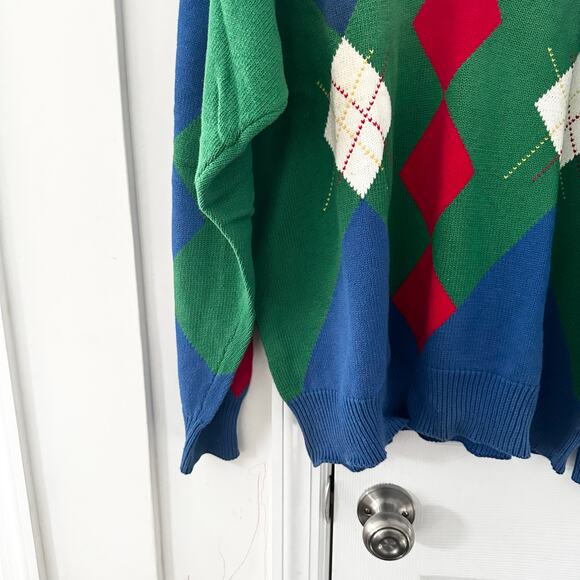 Pringle Scotland Hand Intarsia Cotton Vintage Blue Red Green Argyle Sweater XL - Picture 4 of 10